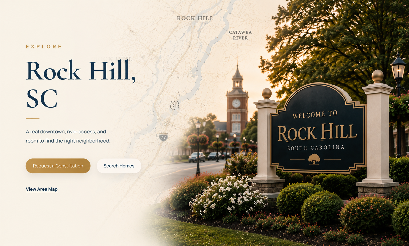 Rock Hill area guide graphic with a welcome sign, map texture, and landscaped entry scene